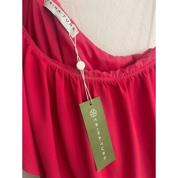 Trina Turk XS Dress Dark Pink One Shoulder Satisfied Shift Ruffle Crepe Amo NEW - Picture 6 of 9